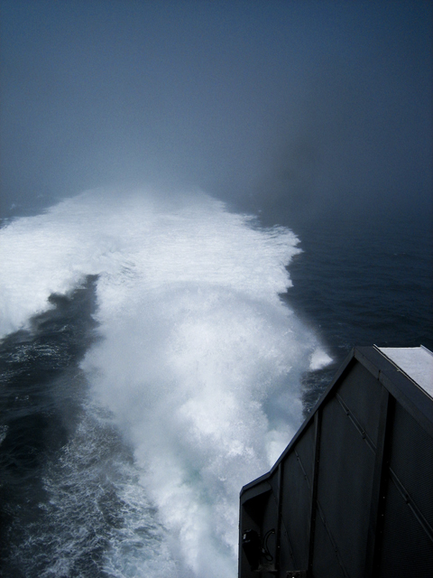 Catamaran ferry rooster tail wake